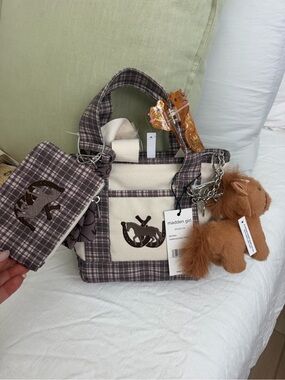 Madden Girl Plaid Brown & Cream Tote with Plush Charm